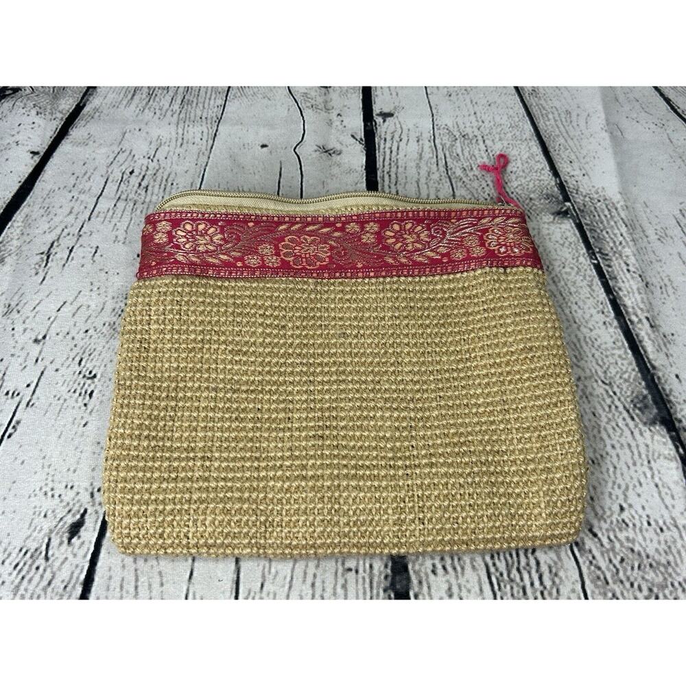Accessory Jute Burlap Make Up Bag Clutch Boho Hippie Pink Trim